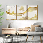 Luxury Golden Tree with Deer Premium Floating Canvas Wall Painting Set of Three DECORMANTRA