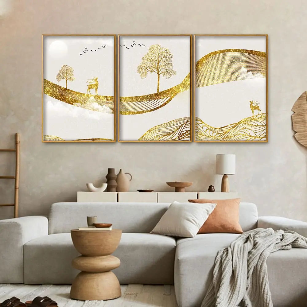 Luxury Golden Tree with Deer Premium Floating Canvas Wall Painting Set of Three DECORMANTRA