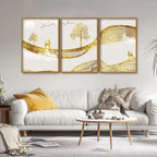 Luxury Golden Tree with Deer Premium Floating Canvas Wall Painting Set of Three DECORMANTRA