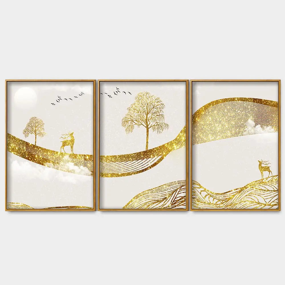 Luxury Golden Tree with Deer Premium Floating Canvas Wall Painting Set of Three DECORMANTRA