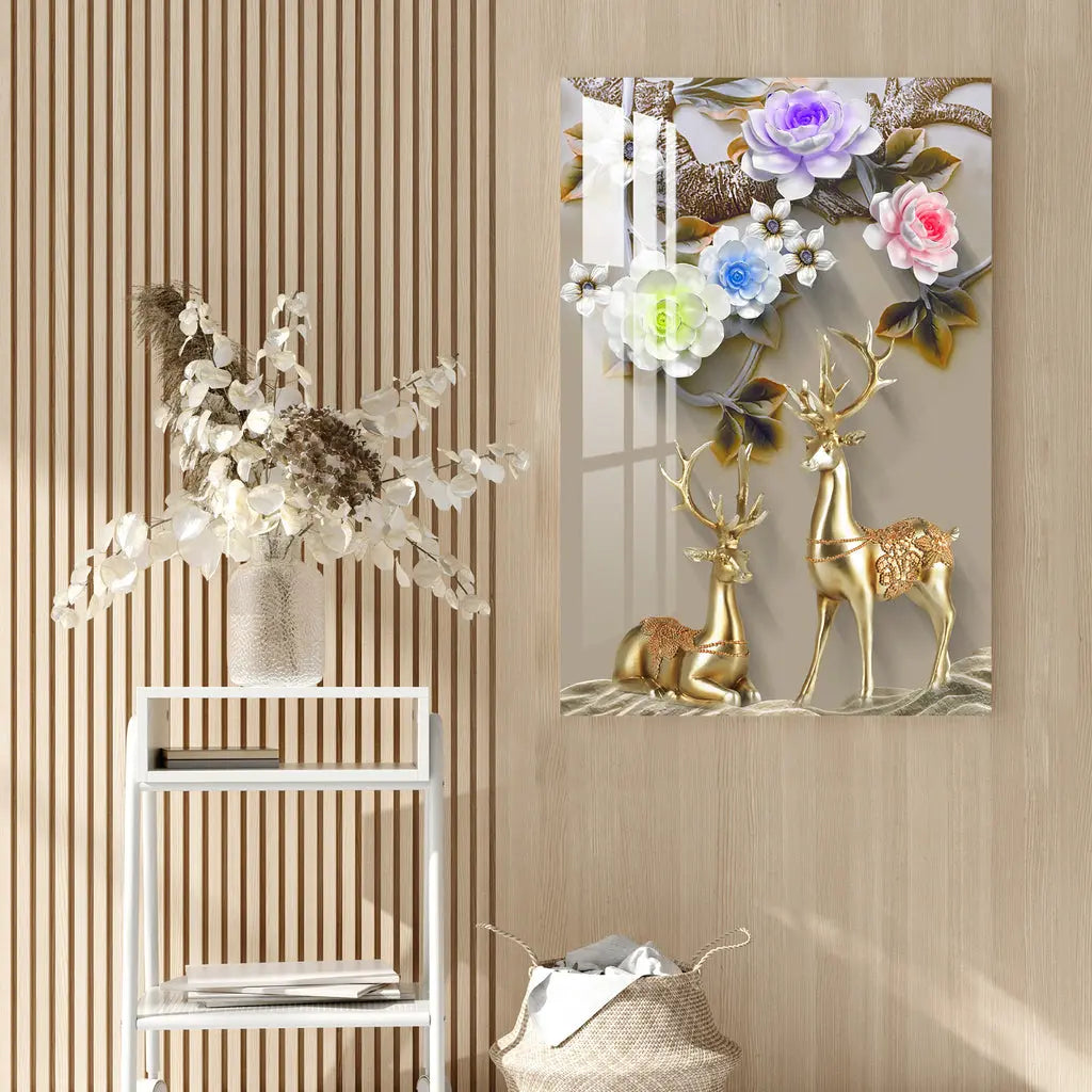Golden Deers with Colourful Flowers Acrylic Wall Art DECORMANTRA