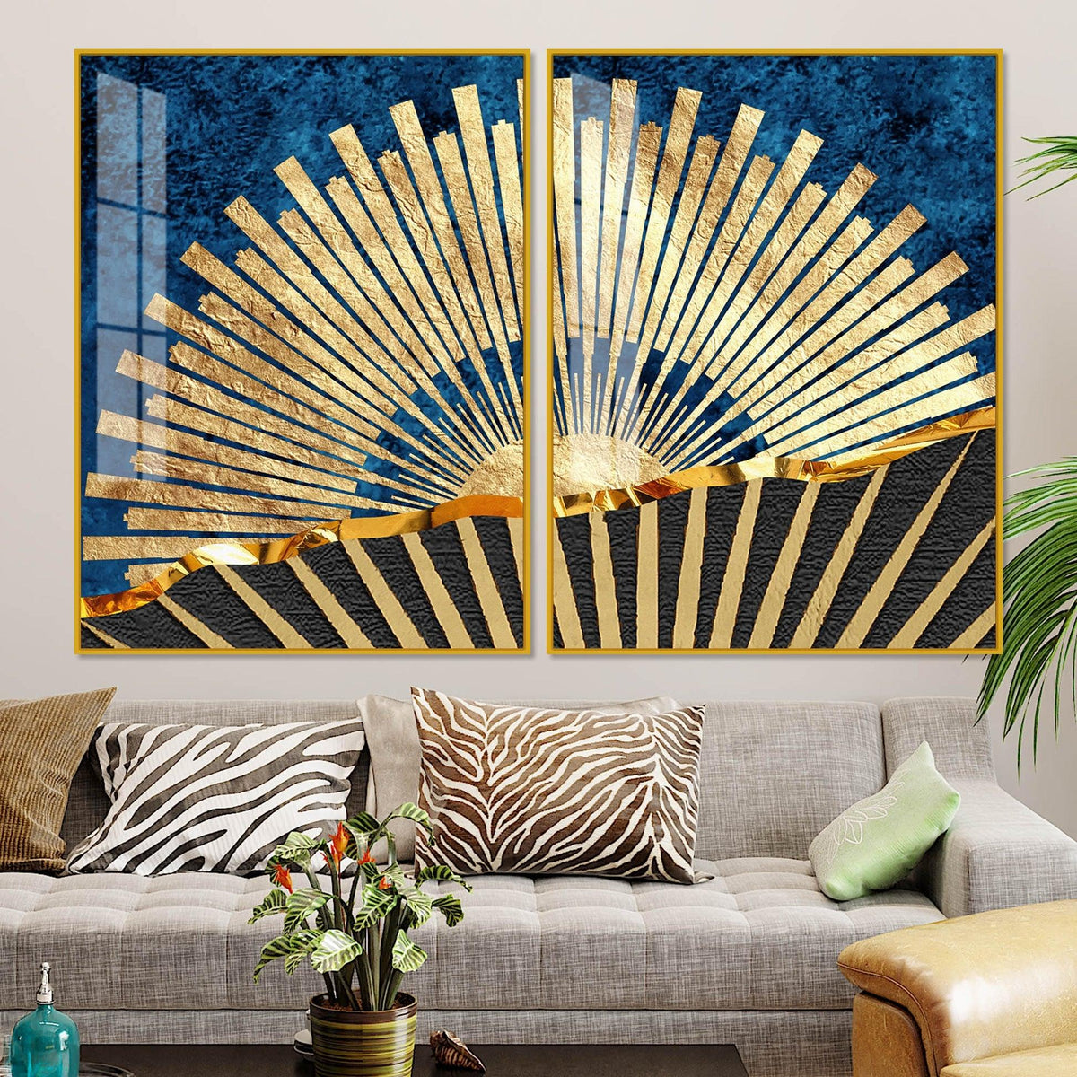 Golden Rising Sun Acrylic Floating Wall Painting Set of 2 - Decor Mantra 