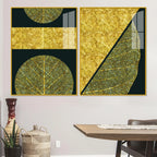 Golden Leaves and Line Art Acrylic Floating Wall Painting Set Of 2 - Decor Mantra 