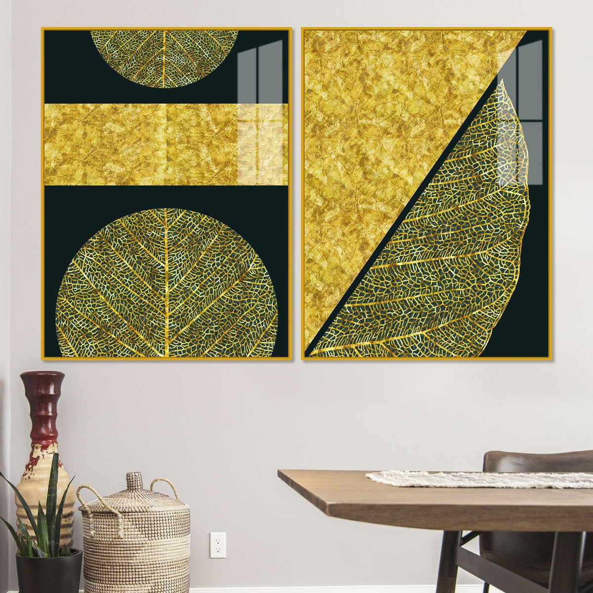 Golden Leaves and Line Art Acrylic Floating Wall Painting Set Of 2 - Decor Mantra 