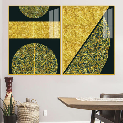 Golden Leaves and Line Art Acrylic Floating Wall Painting Set Of 2 - Decor Mantra 