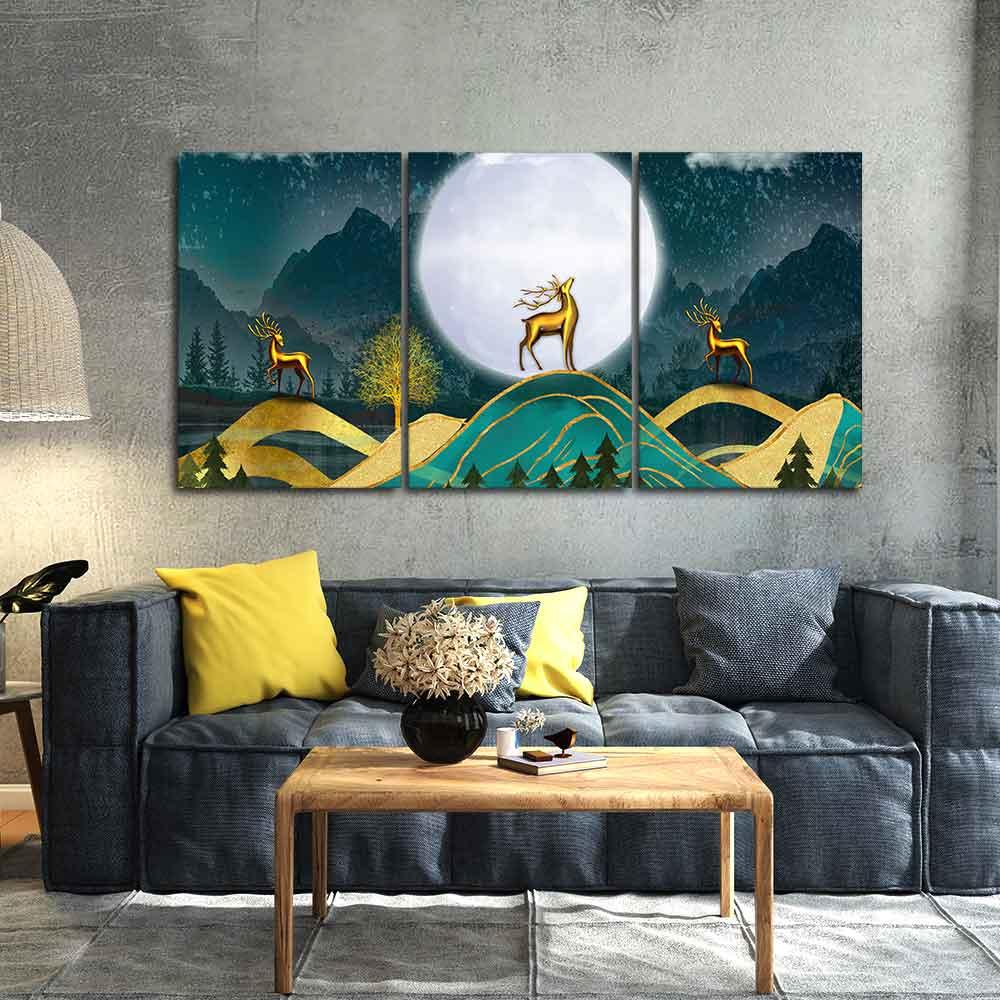 Beautiful Night Landscape Golden Deer Wall Painting of Three Pieces - Decor Mantra 