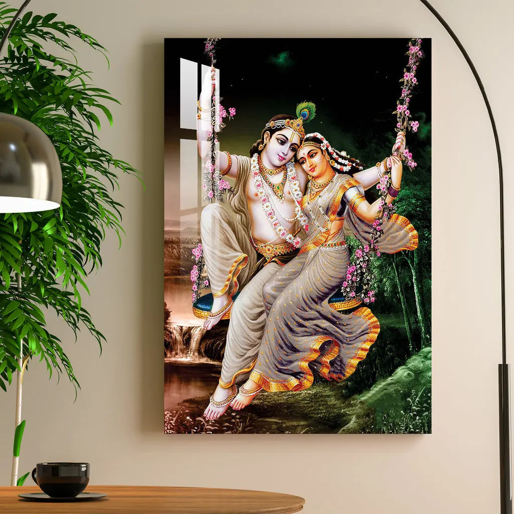 Radha Krishna on Floral Swing Acrylic Wall Art DECORMANTRA