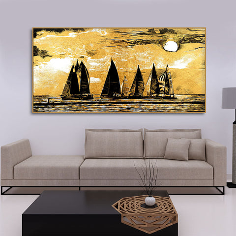 Wall Canvas Painting of Boat Sunset Over Ocean