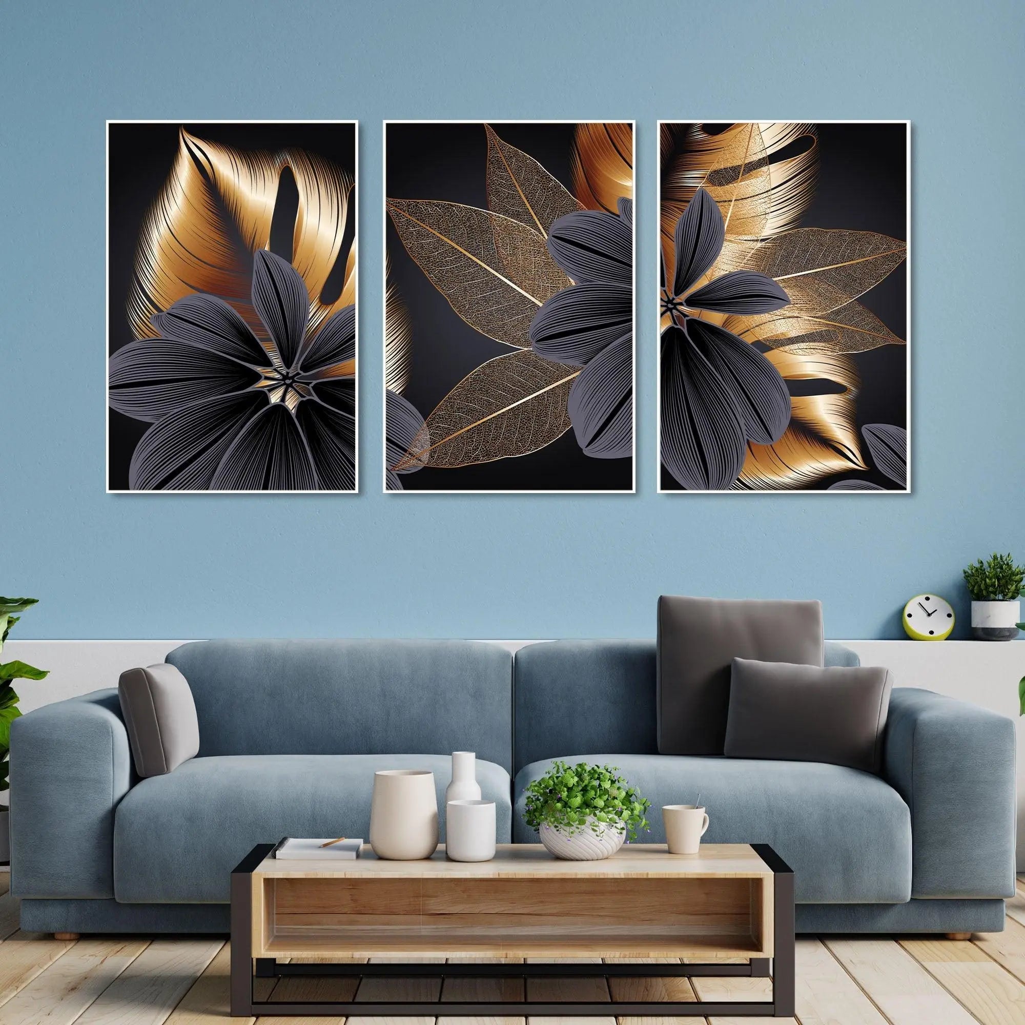Golden Leaf Flower Floating Canvas Wall Painting Set of Three - Decor Mantra 
