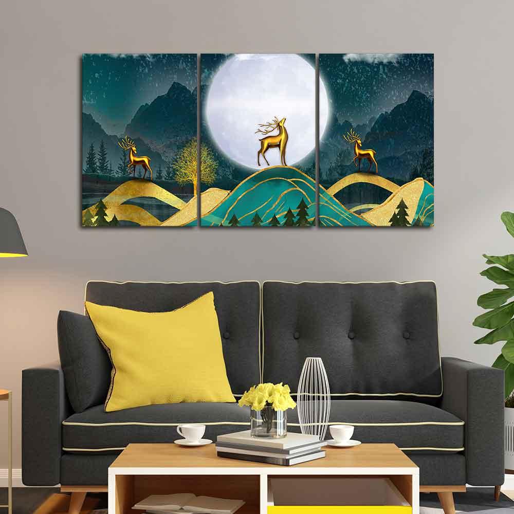 Beautiful Night Landscape Golden Deer Wall Painting of Three Pieces - Decor Mantra 