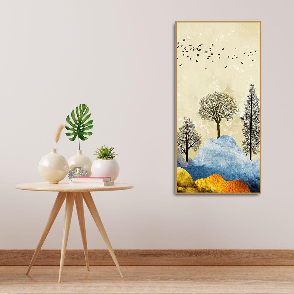 Beautiful Mountain Landscape with Trees and Birds Canvas Wall painting - Decor Mantra 