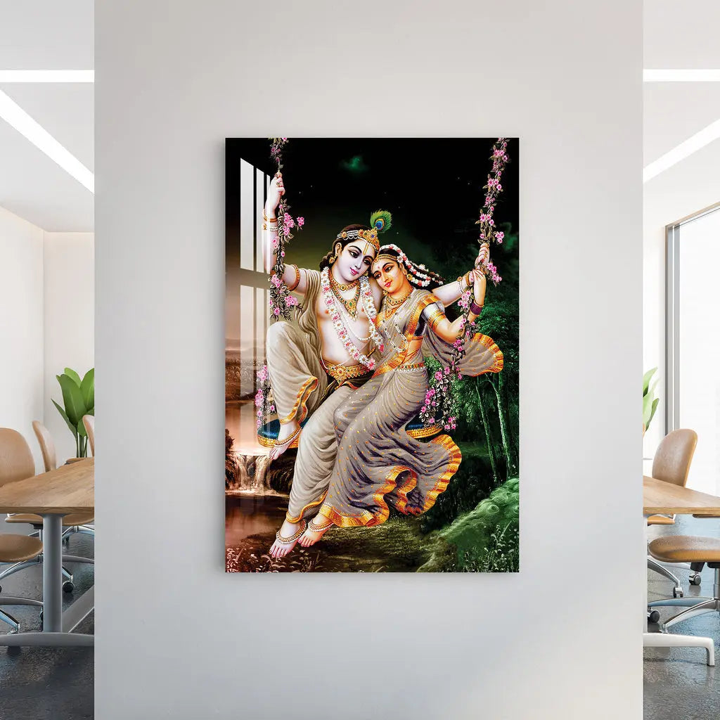 Radha Krishna on Floral Swing Acrylic Wall Art DECORMANTRA