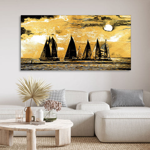 Wall Canvas Painting of Boat Sunset Over Ocean