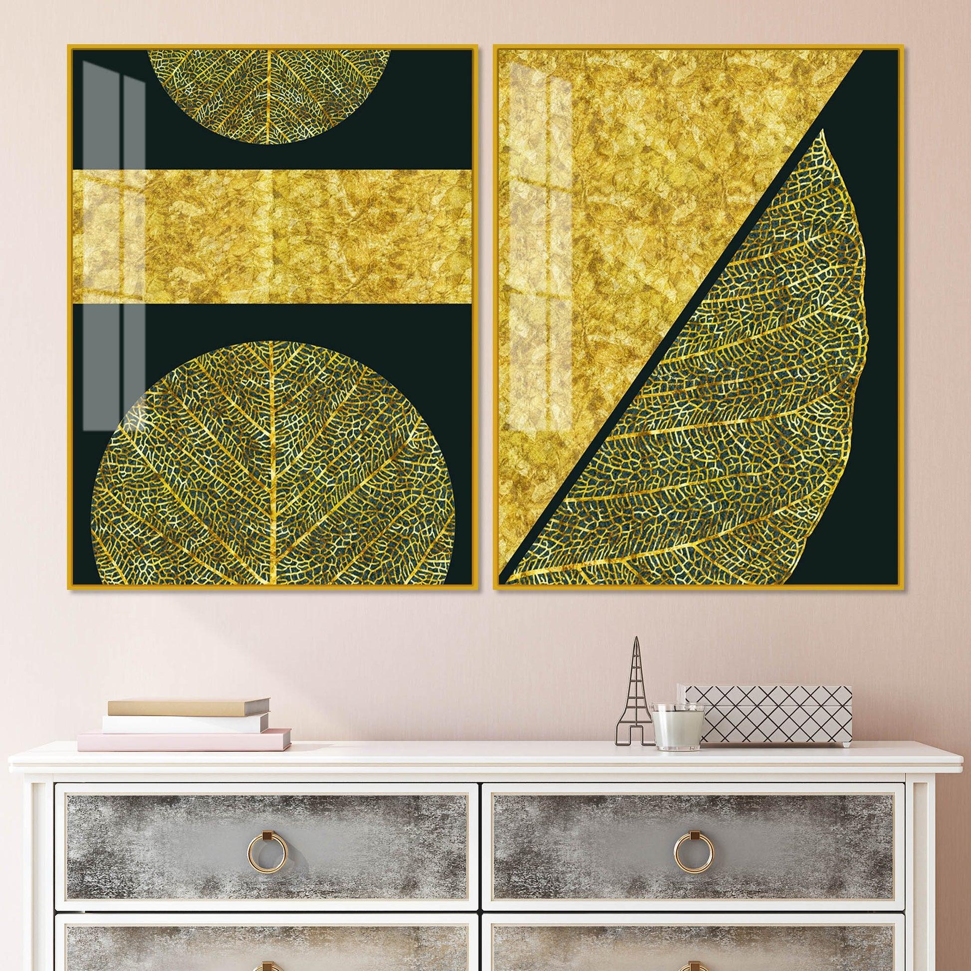 Golden Leaves and Line Art Acrylic Floating Wall Painting Set Of 2 - Decor Mantra 