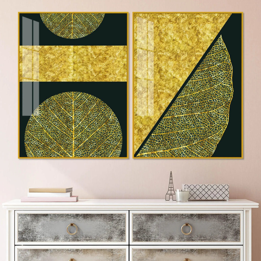 Golden Leaves and Line Art Acrylic Floating Wall Painting Set Of 2 - Decor Mantra 