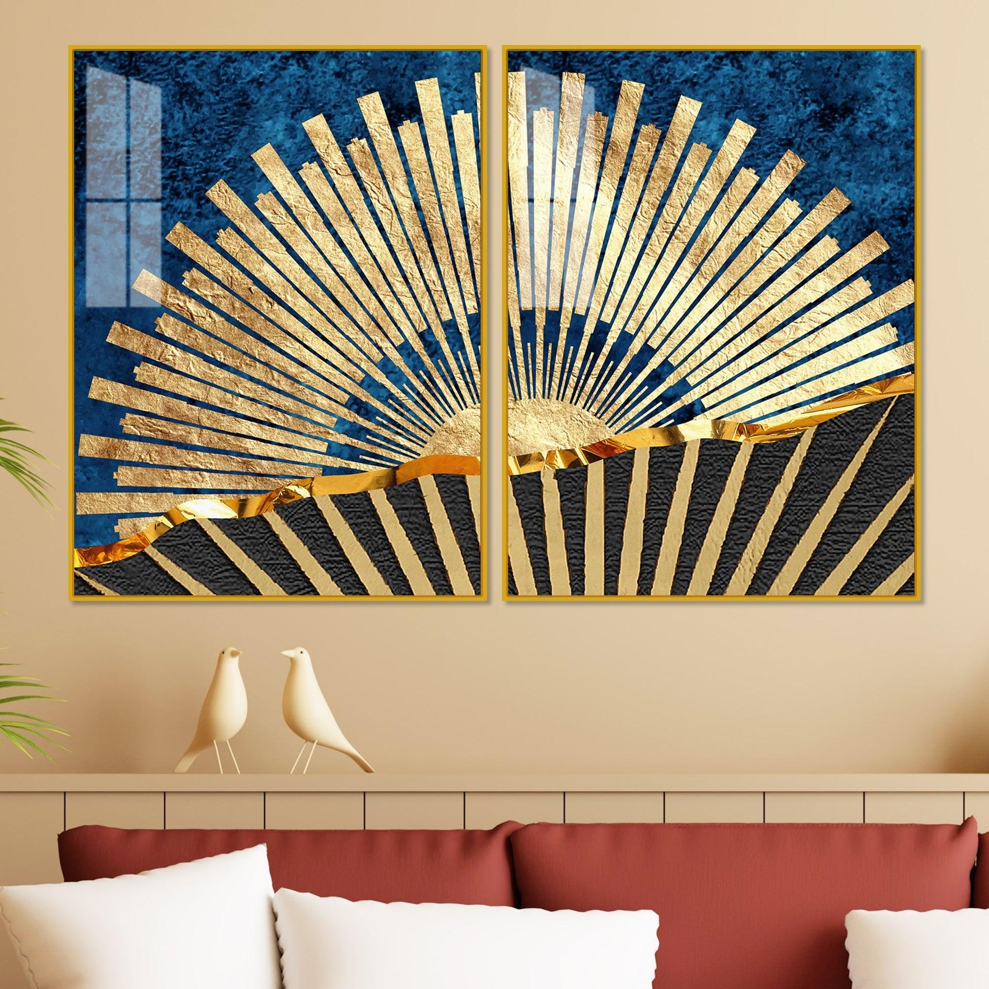 Golden Rising Sun Acrylic Floating Wall Painting Set of 2 - Decor Mantra 
