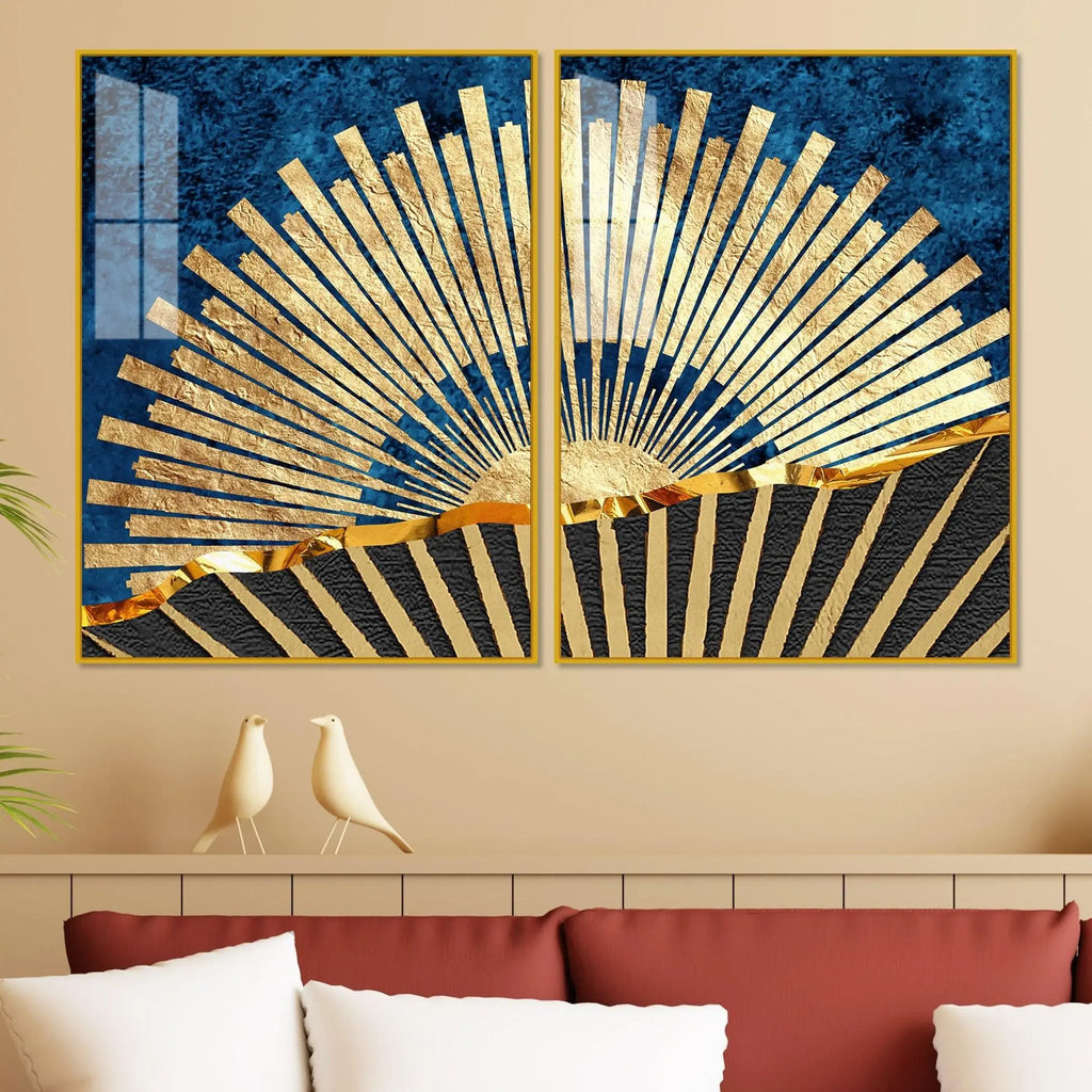 Golden Rising Sun Acrylic Floating Wall Painting Set of 2 - Decor Mantra 