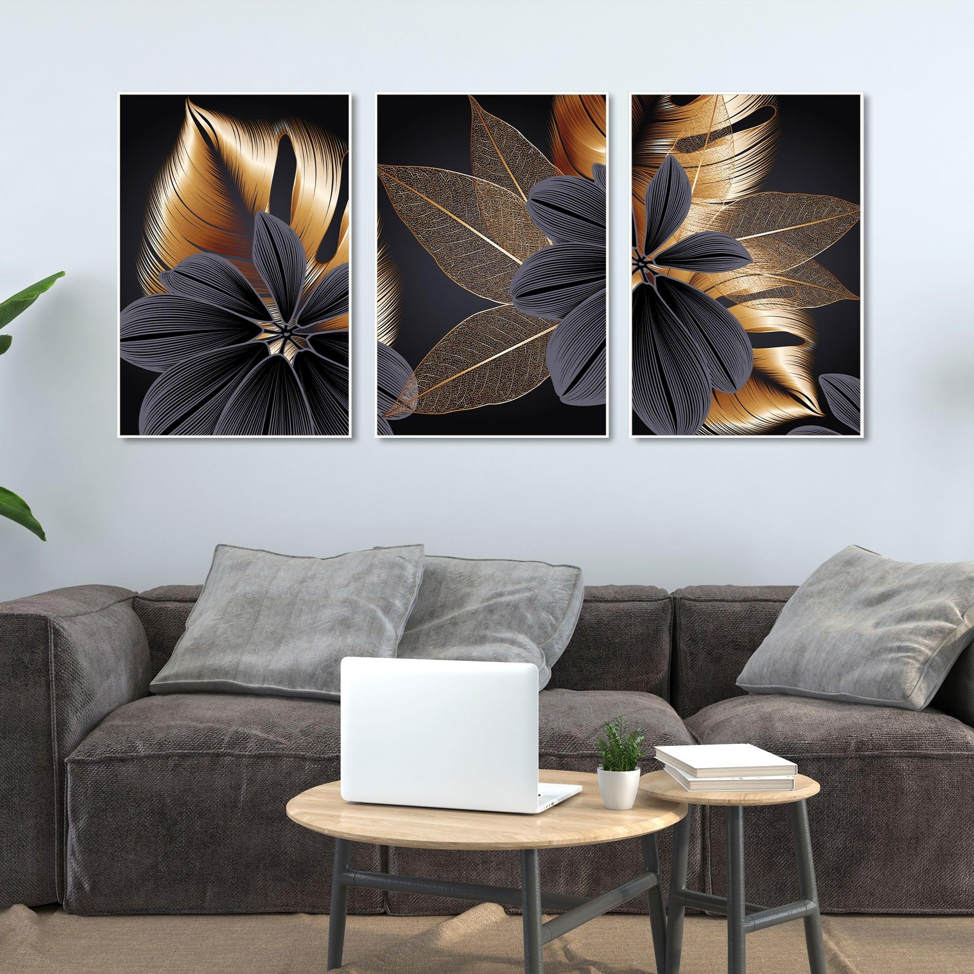 Golden Leaf Flower Floating Canvas Wall Painting Set of Three - Decor Mantra 