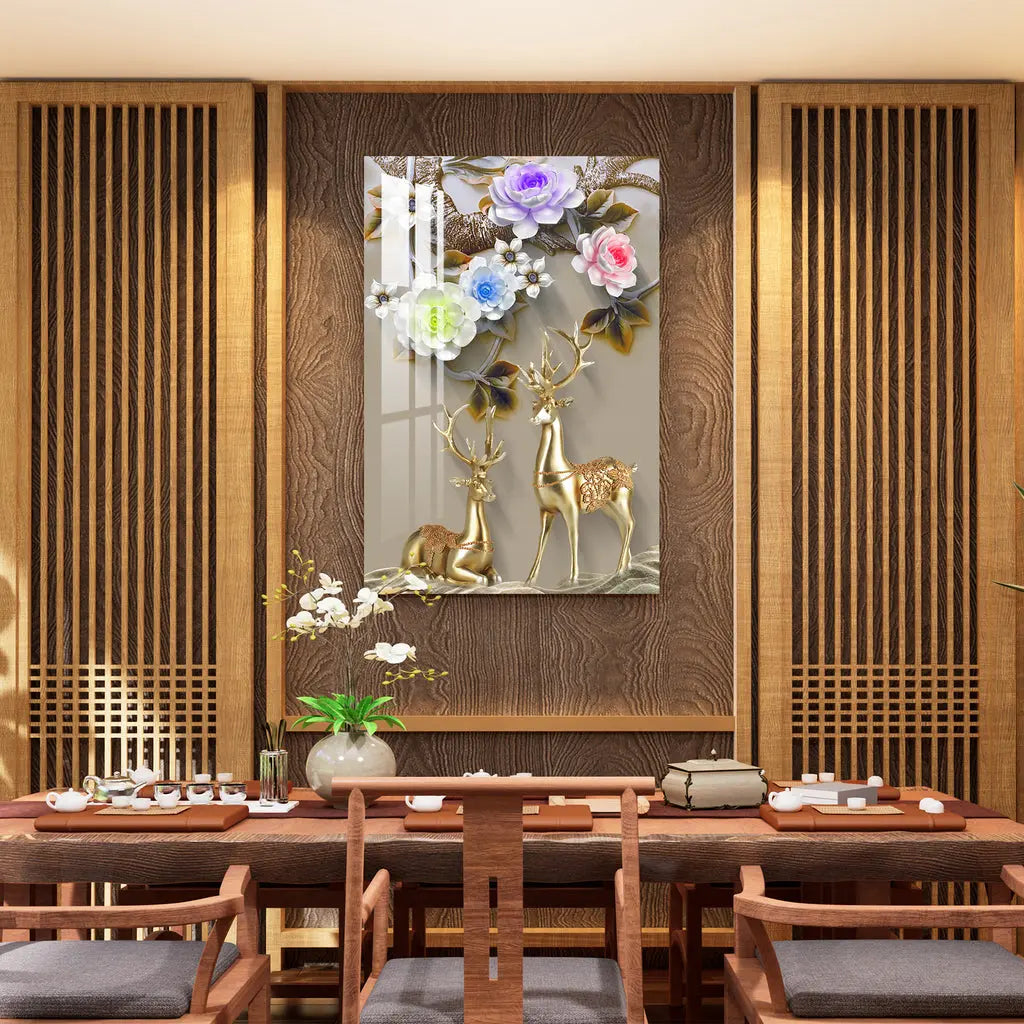 Golden Deers with Colourful Flowers Acrylic Wall Art DECORMANTRA