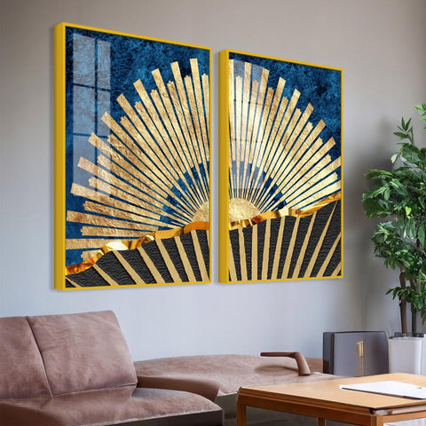 Golden Rising Sun Acrylic Floating Wall Painting Set of 2 - Decor Mantra 