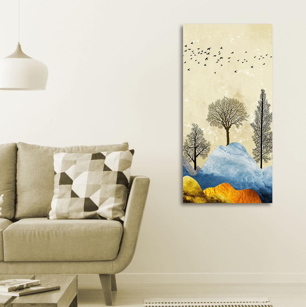 Beautiful Mountain Landscape with Trees and Birds Canvas Wall painting - Decor Mantra 