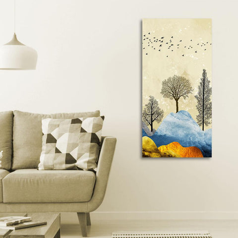 Beautiful Mountain Landscape with Trees and Birds Canvas Wall painting - Decor Mantra 