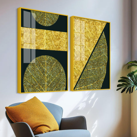 Golden Leaves and Line Art Acrylic Floating Wall Painting Set Of 2 - Decor Mantra 