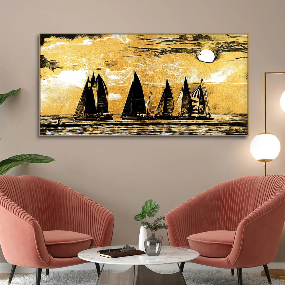 Wall Canvas Painting of Boat Sunset Over Ocean Decor Mantra