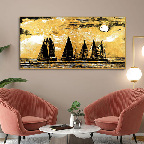 Wall Canvas Painting of Boat Sunset Over Ocean