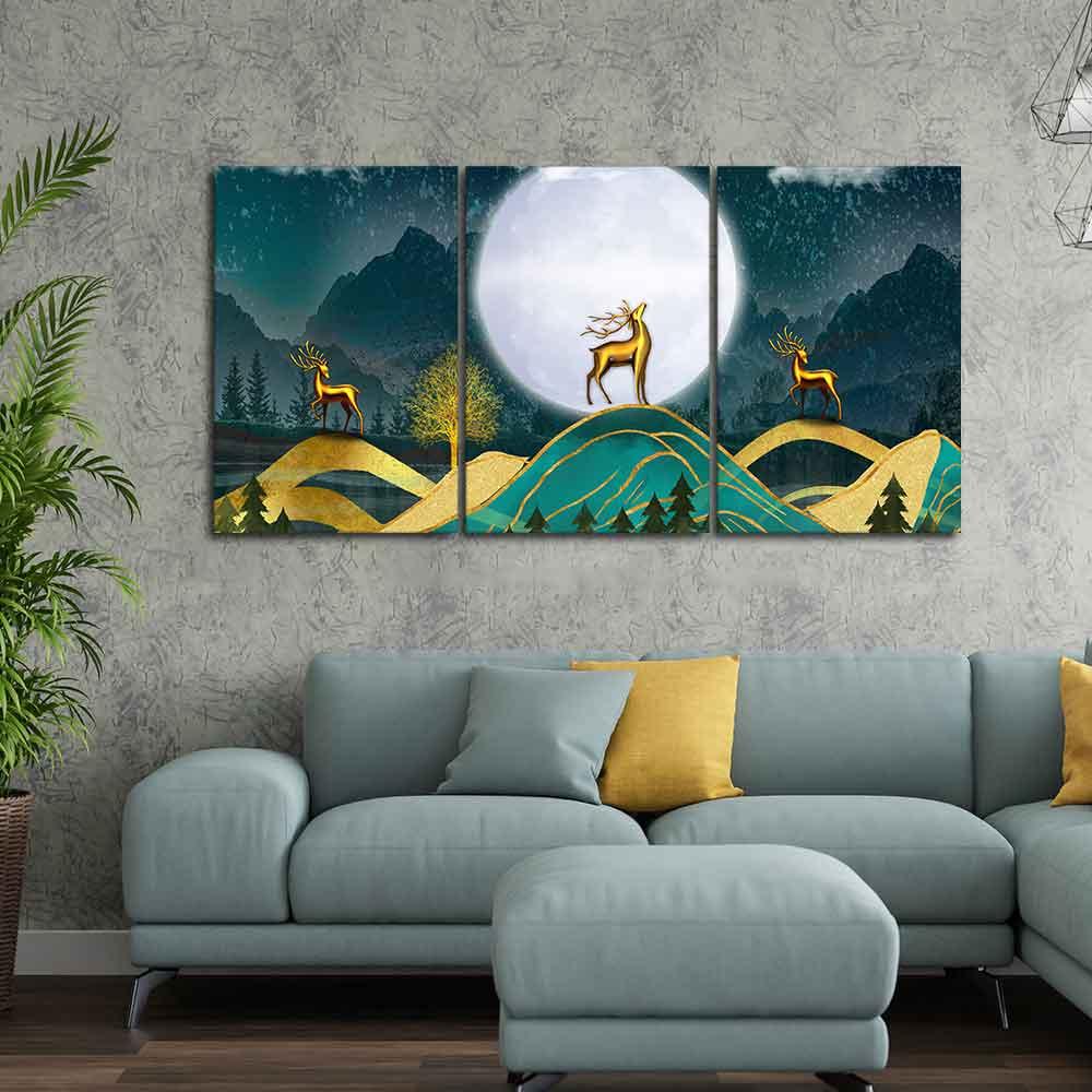Beautiful Night Landscape Golden Deer Wall Painting of Three Pieces - Decor Mantra 