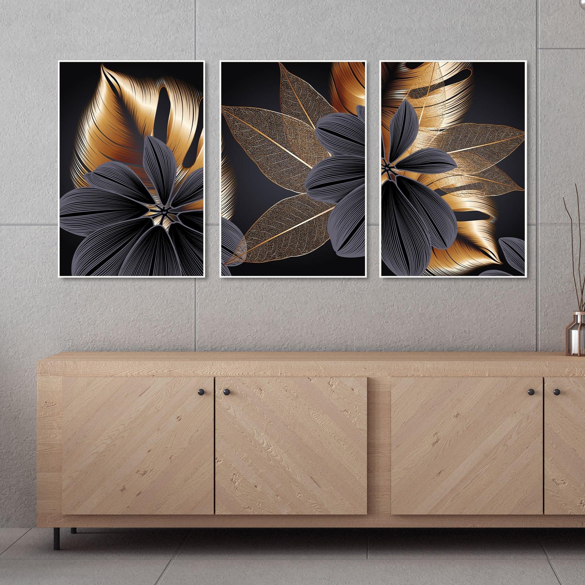 Golden Leaf Flower Floating Canvas Wall Painting Set of Three - Decor Mantra 
