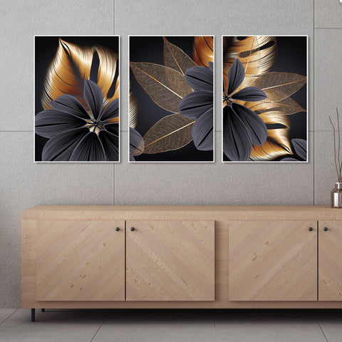 Golden Leaf Flower Floating Canvas Wall Painting Set of Three - Decor Mantra 