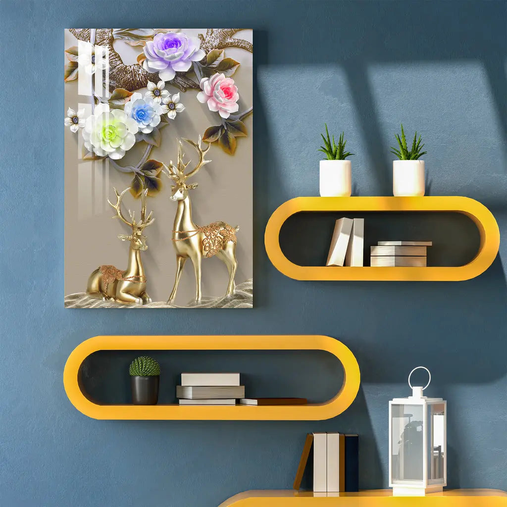 Golden Deers with Colourful Flowers Acrylic Wall Art DECORMANTRA
