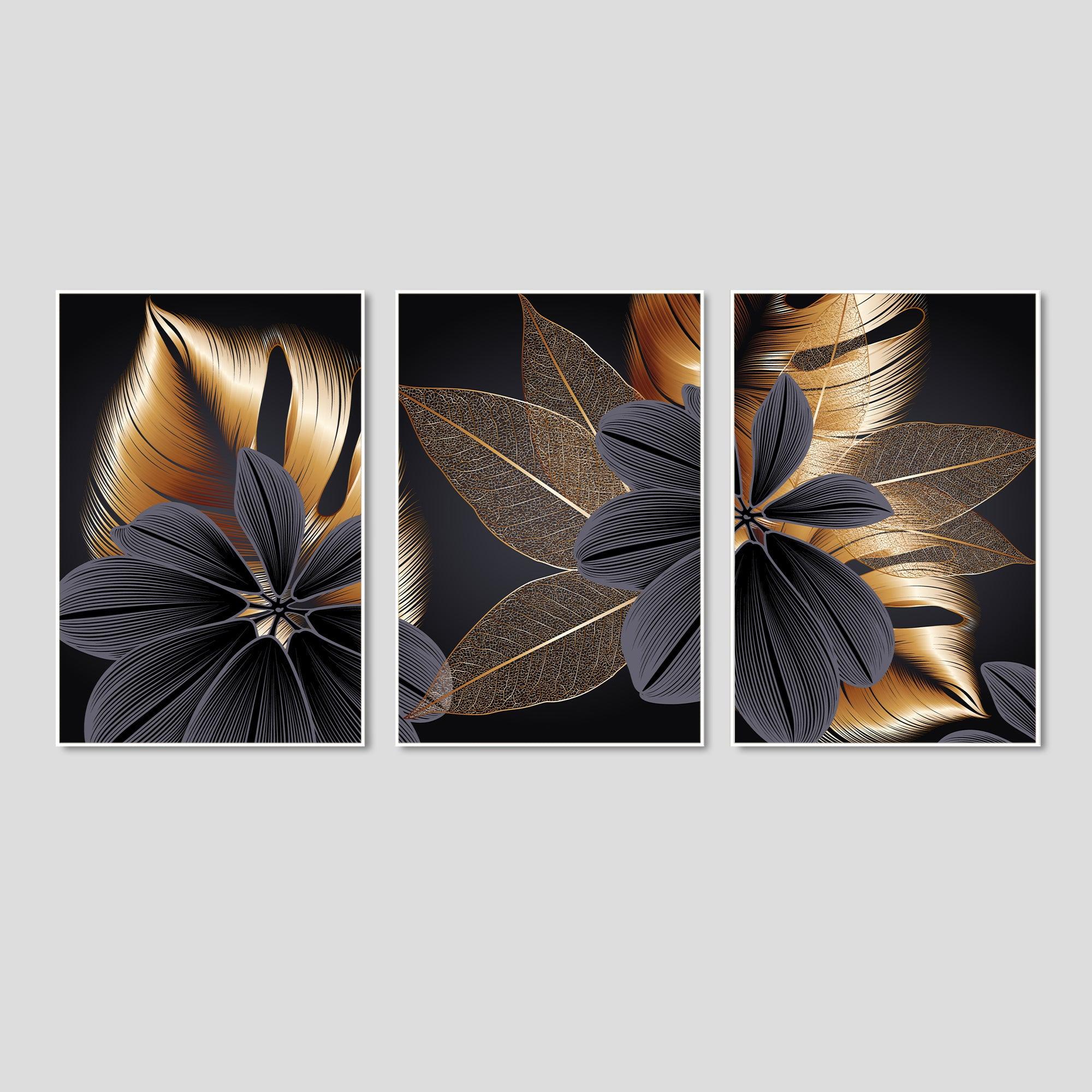 Golden Leaf Flower Floating Canvas Wall Painting Set of Three - Decor Mantra 