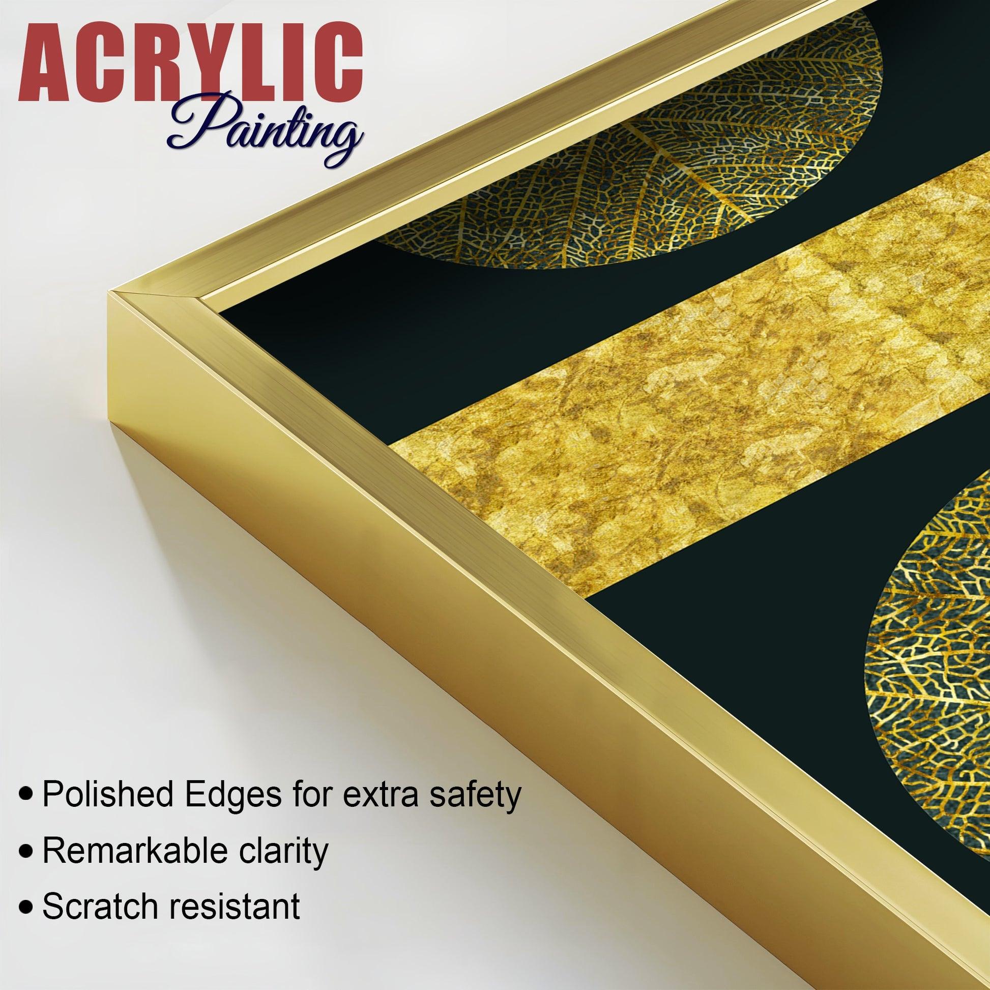 Golden Leaves and Line Art Acrylic Floating Wall Painting Set Of 2 - Decor Mantra 