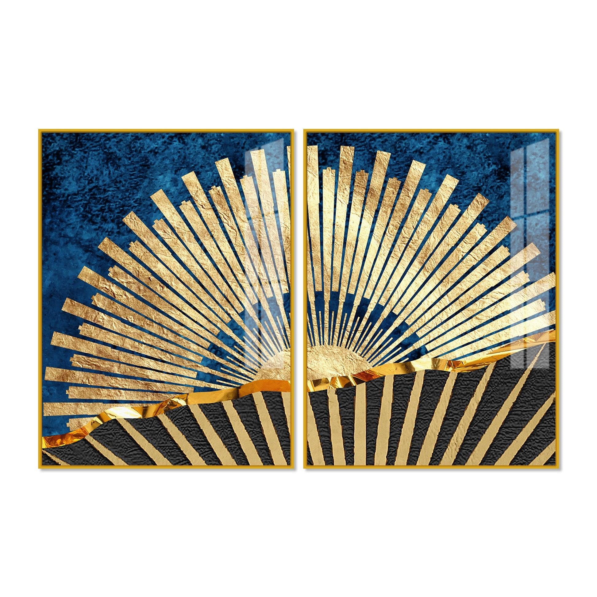 Golden Rising Sun Acrylic Floating Wall Painting Set of 2 - Decor Mantra 