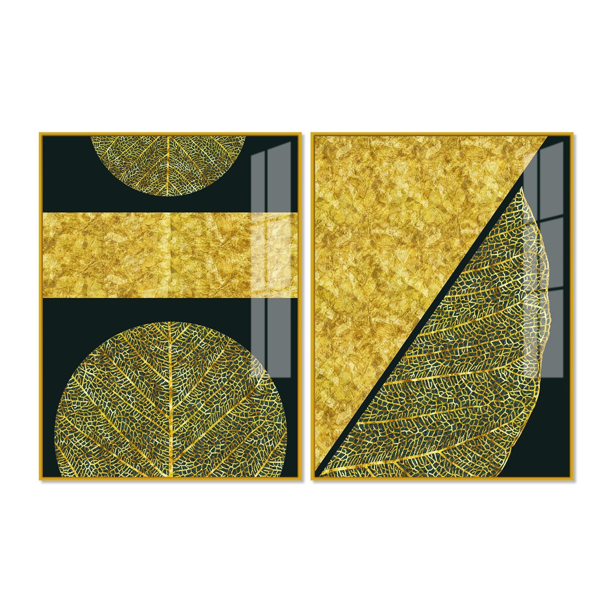 Golden Leaves and Line Art Acrylic Floating Wall Painting Set Of 2 - Decor Mantra 