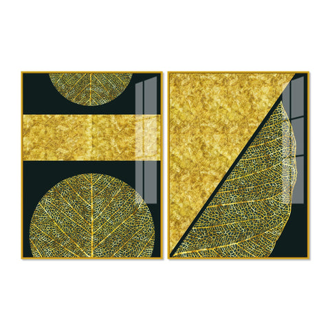 Golden Leaves and Line Art Acrylic Floating Wall Painting Set Of 2 - Decor Mantra 