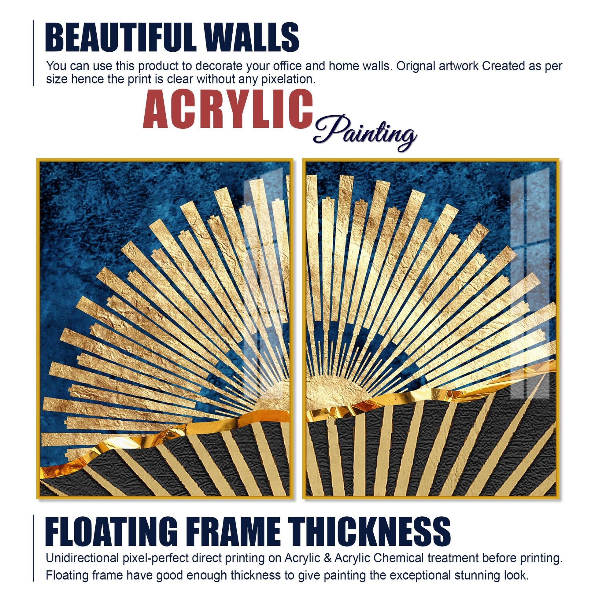 Golden Rising Sun Acrylic Floating Wall Painting Set of 2 - Decor Mantra 