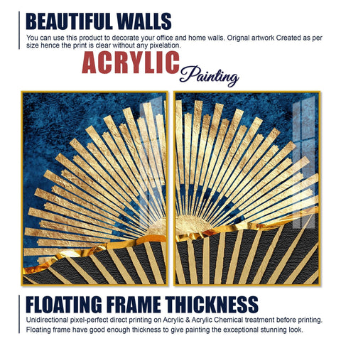 Golden Rising Sun Acrylic Floating Wall Painting Set of 2 - Decor Mantra 