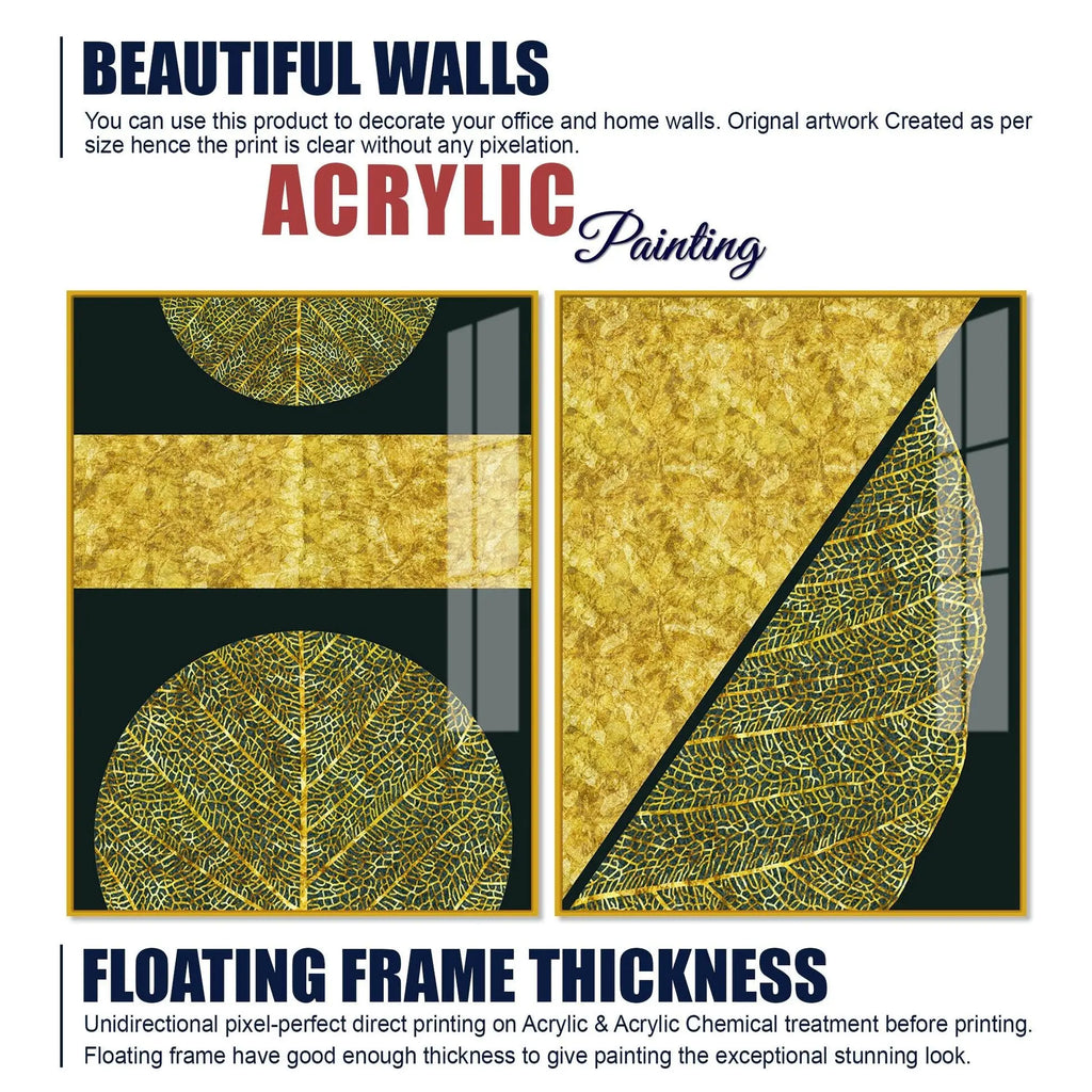 Golden Leaves and Line Art Acrylic Floating Wall Painting Set Of 2 - Decor Mantra 