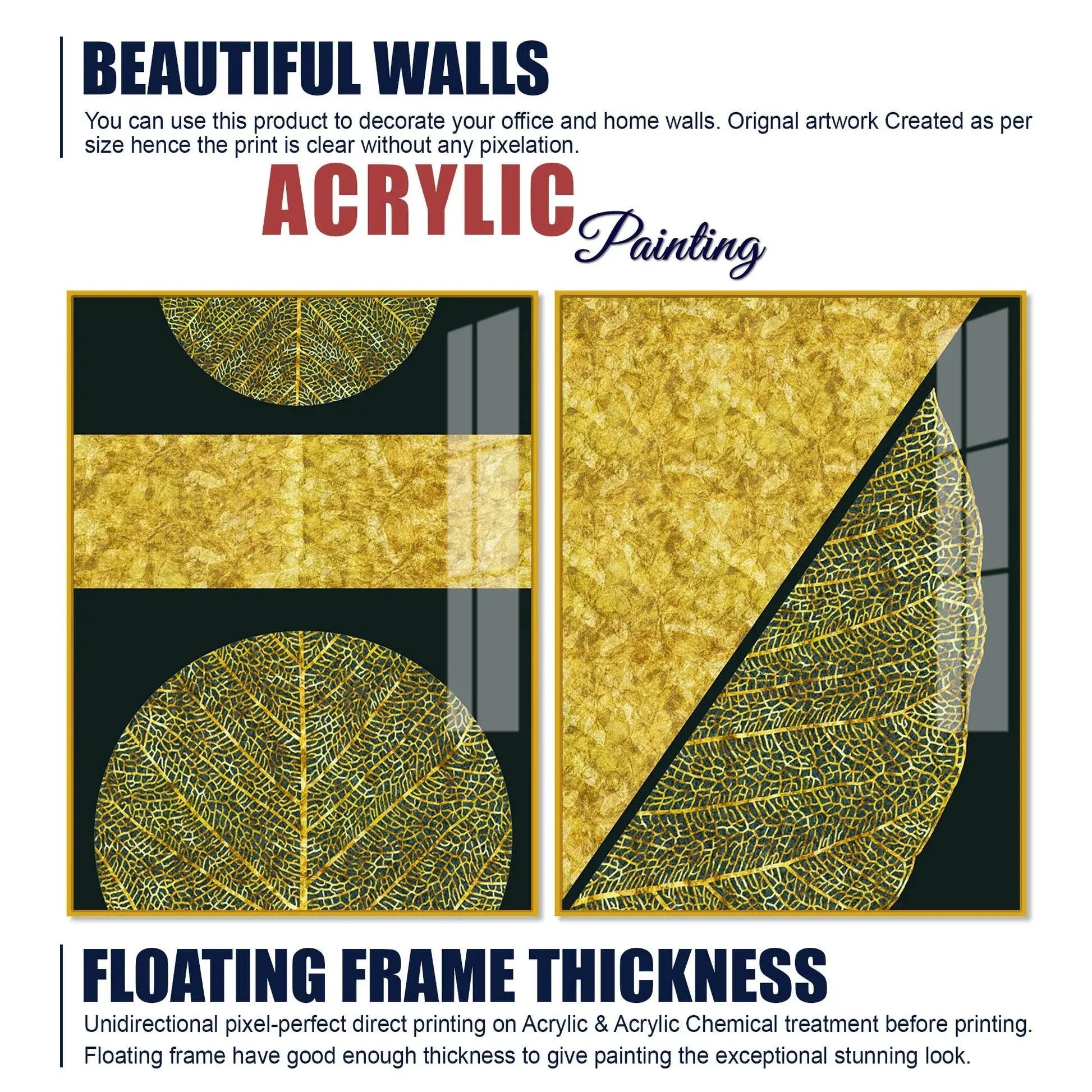 Golden Leaves and Line Art Acrylic Floating Wall Painting Set Of 2 - Decor Mantra 
