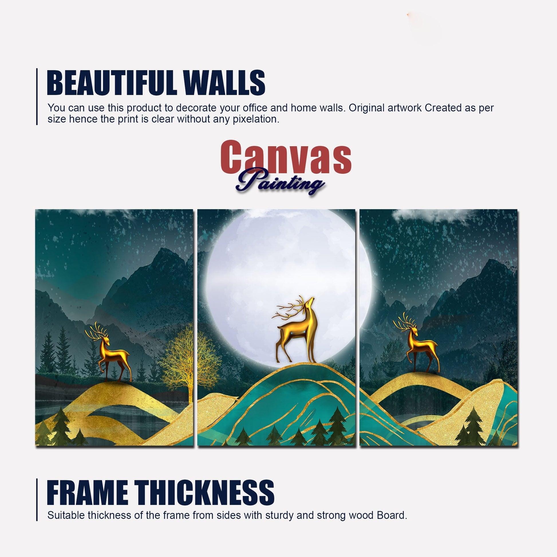 Beautiful Night Landscape Golden Deer Wall Painting of Three Pieces - Decor Mantra 