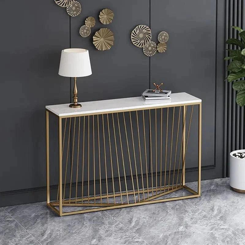Linear Design Golden Metal Stand Console Marble Table - Decor Mantra 