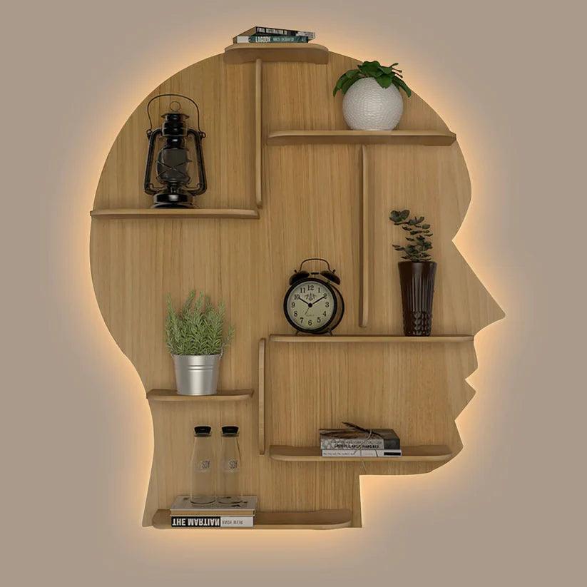 Man Backlit Designer Wooden Wall Shelf / Book Shelf, Light Oak Finish - Decor Mantra 