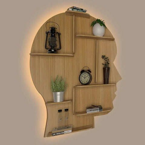 Man Backlit Designer Wooden Wall Shelf / Book Shelf, Light Oak Finish - Decor Mantra 