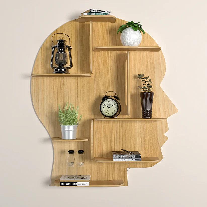 Man Backlit Designer Wooden Wall Shelf / Book Shelf, Light Oak Finish - Decor Mantra 