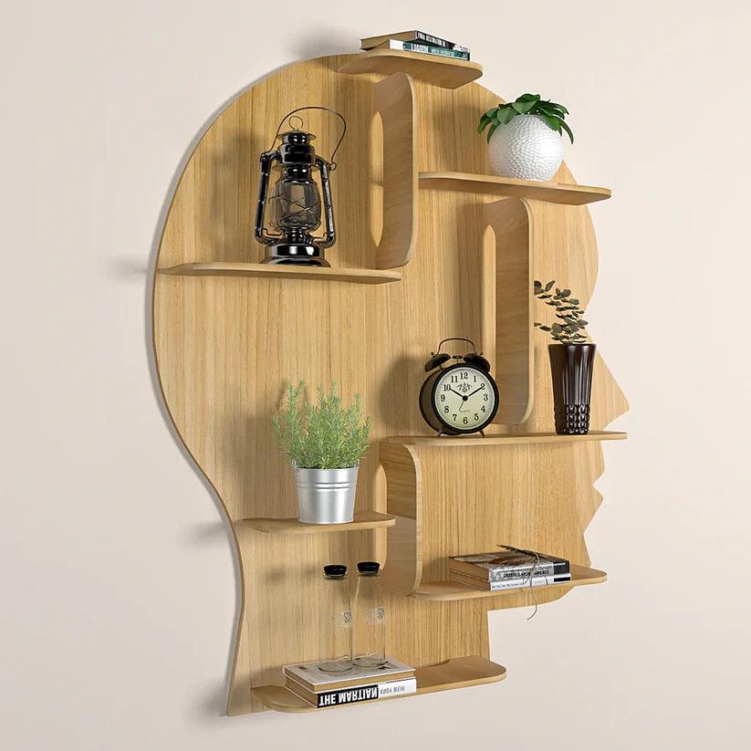 Man Backlit Designer Wooden Wall Shelf / Book Shelf, Light Oak Finish - Decor Mantra 