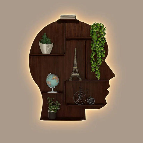 Man Backlit Designer Wooden Wall Shelf / Book Shelf, Walnut Finish - Decor Mantra 