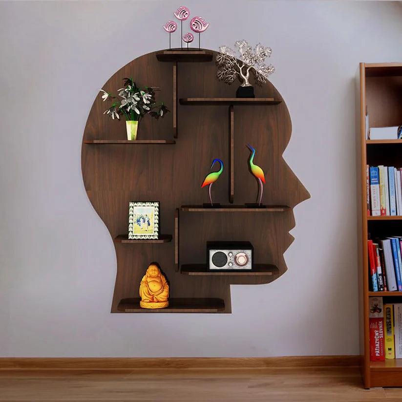 Man Backlit Designer Wooden Wall Shelf / Book Shelf, Walnut Finish - Decor Mantra 